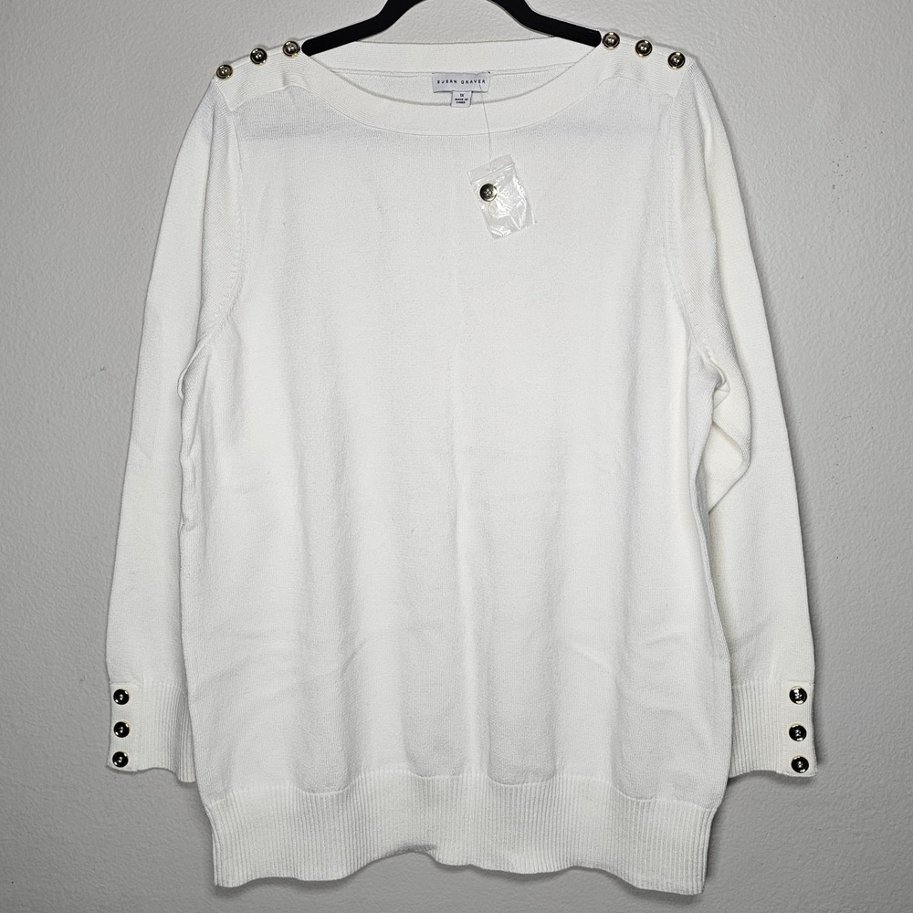 NEW Susan Graver Womens 1X Crew Sweater Gold Button Detail Ivory‎ Knit Fall
